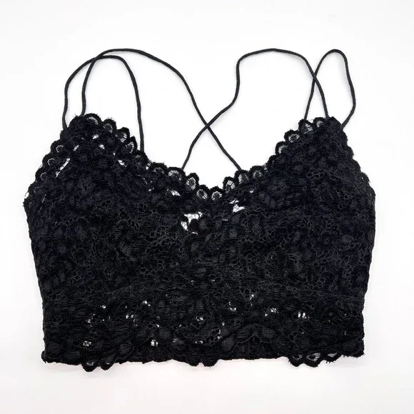 FREE PEOPLE ONE Celine Lace Bralette Womens Small Black Strappy Flocked Velvet - Picture 5 of 15